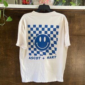 Ascot + Hart Off-White T-Shirt with Blue Smiley. Size L